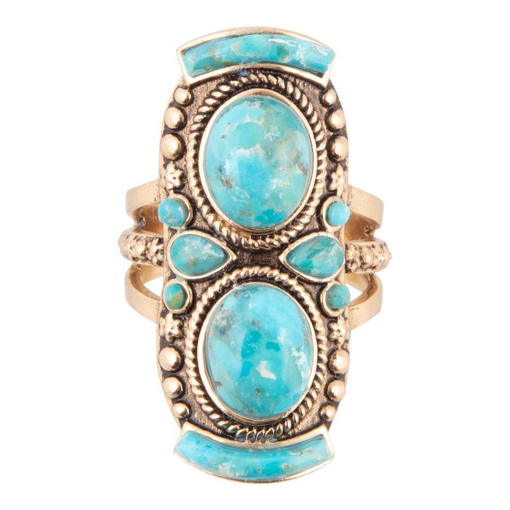 Double Blue Turquoise Golden Shield Ring