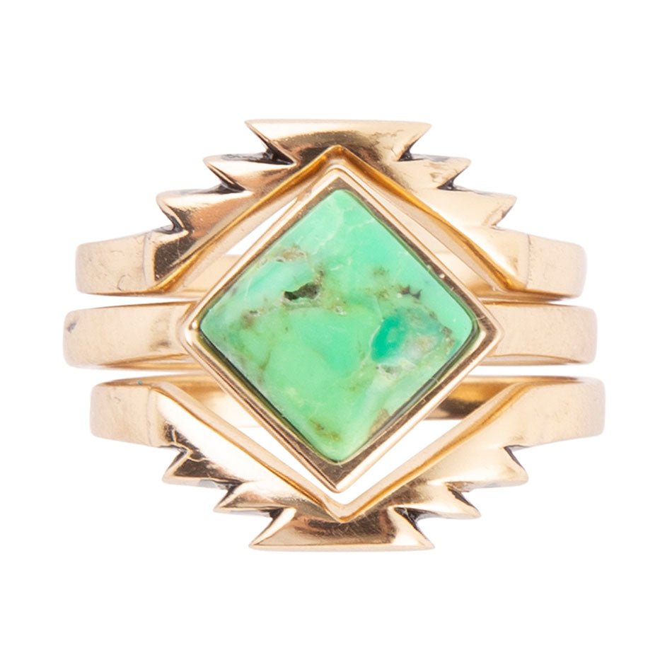 Aztec Lime Green Turquoise Golden Ring Set